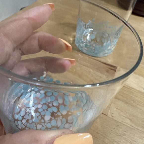 White & Baby Blue Murano Style Confetti Glass Tumbler Hand Blown SET 2 4” Tall - Picture 3 of 3